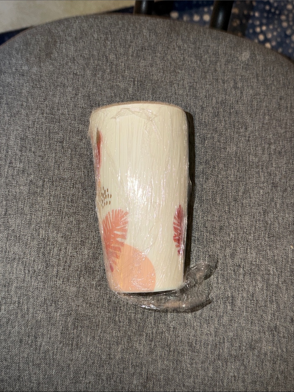 Starbucks Cream Ceramic Tumbler with Coral and Peach Leaf Design